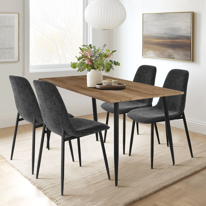 Izzat 4-Person Dining Set with 47" D Rectangular Table and Chenille Chairs, Charcoal