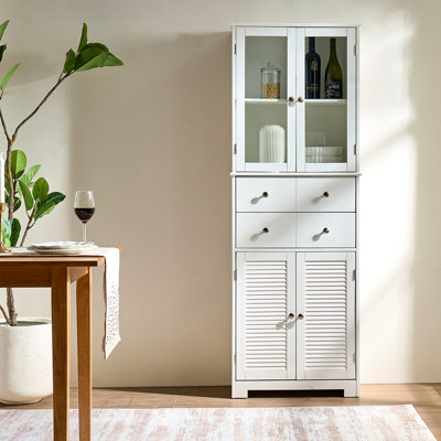 67" Tall White Kitchen Storage With Two Glass Doors And Shelves - Large Capacity For Dips Snacks | Assembly Labeled Pieces Pantry Kitchen, Bathroom, Laundry Room Featuring Drawers Adjustable Shelf