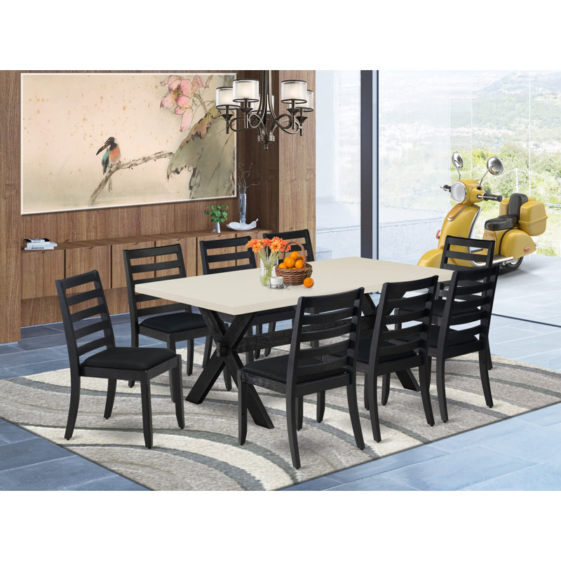 9-piece dining table set consists of a breakfast table with top and 8 stackable kitchen chairs with Black Polyester Fabric - (Option Finish)