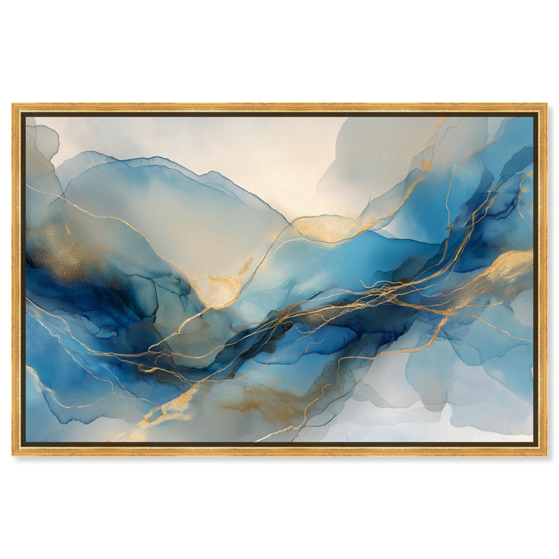 «Postmodern Flow II», art mural abstrait sur toile , H 25 po x l 37 po, Cadre flottant doré