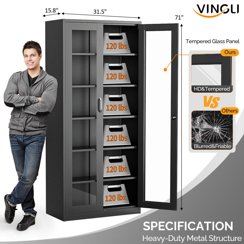 Armoire de rangement pour outils en acier 70,8 po avec porte en verre