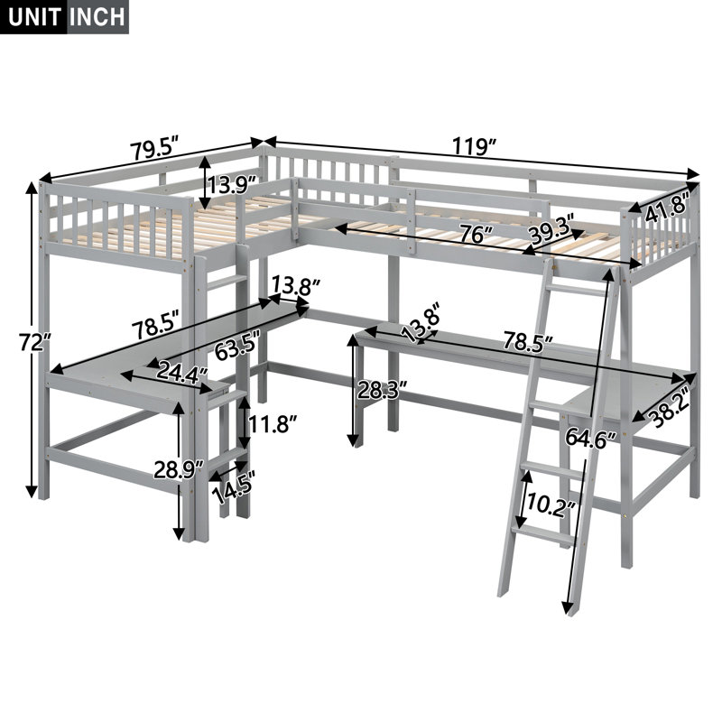 Wood Twin Size L-Shaped Loft Bed with Ladder and 2 Built-in L-Shaped Desks, Grey
