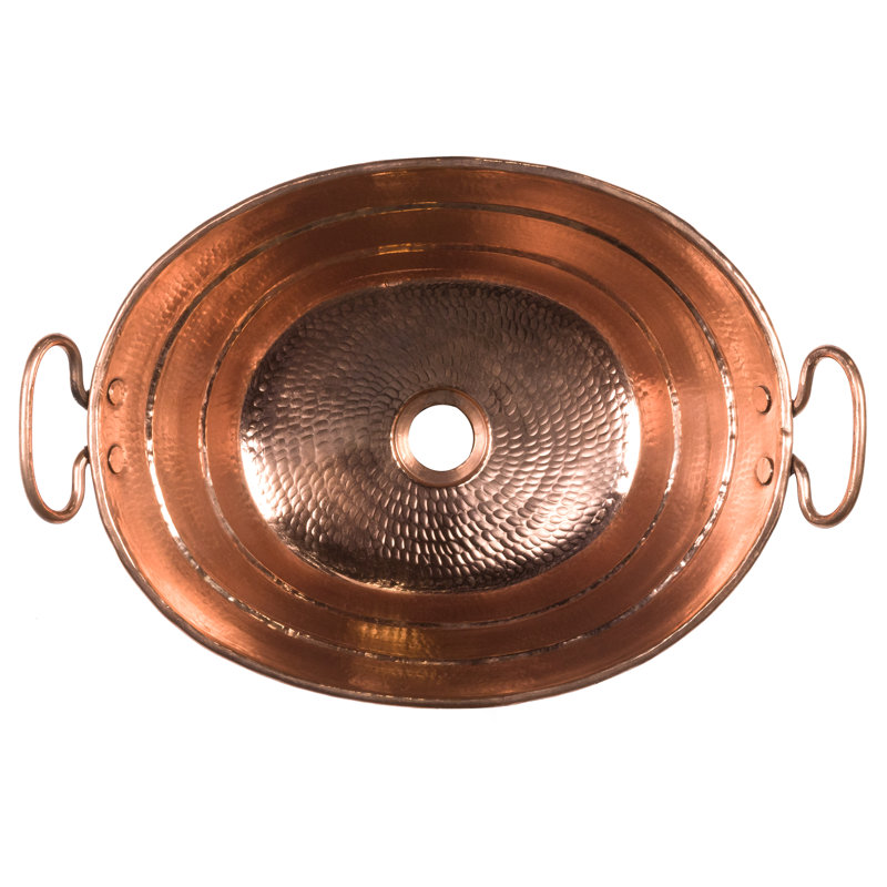 16" Oval Bucket Vessel Hammered Copper Sink with Handles, Polished Copper