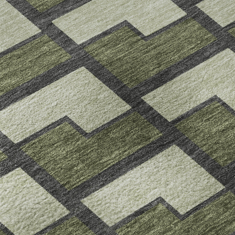 Premium Machine Washable Mayfield AMF2416 Geometric Rug, 1'8" x 2'6", Olive