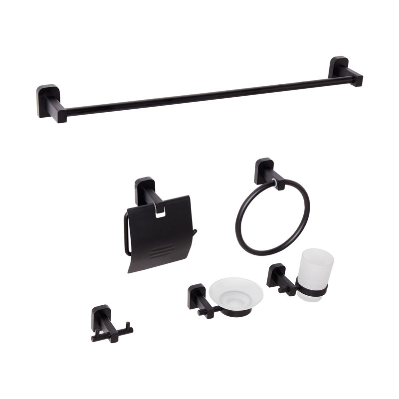 6-Piece Bathroom Hardware Set POCONE with Towel Bars and Hooks, Matte Black