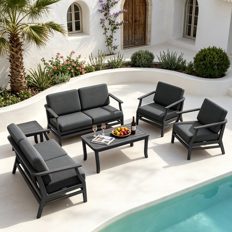 Ensemble de patio extérieur en teck pour six personnes avec coussins et deux tables Polett, Gris foncé, Noir