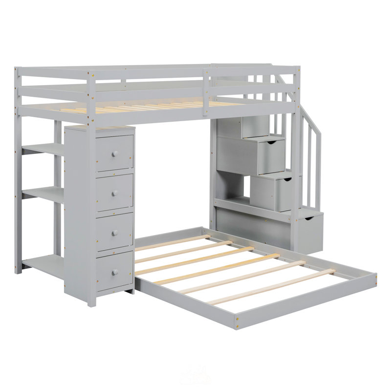 Lit plateforme avec rangement Jasten, lit superposé simple au-dessus de double avec tablettes à 3 niveaux, tiroirs et escalier de rangement