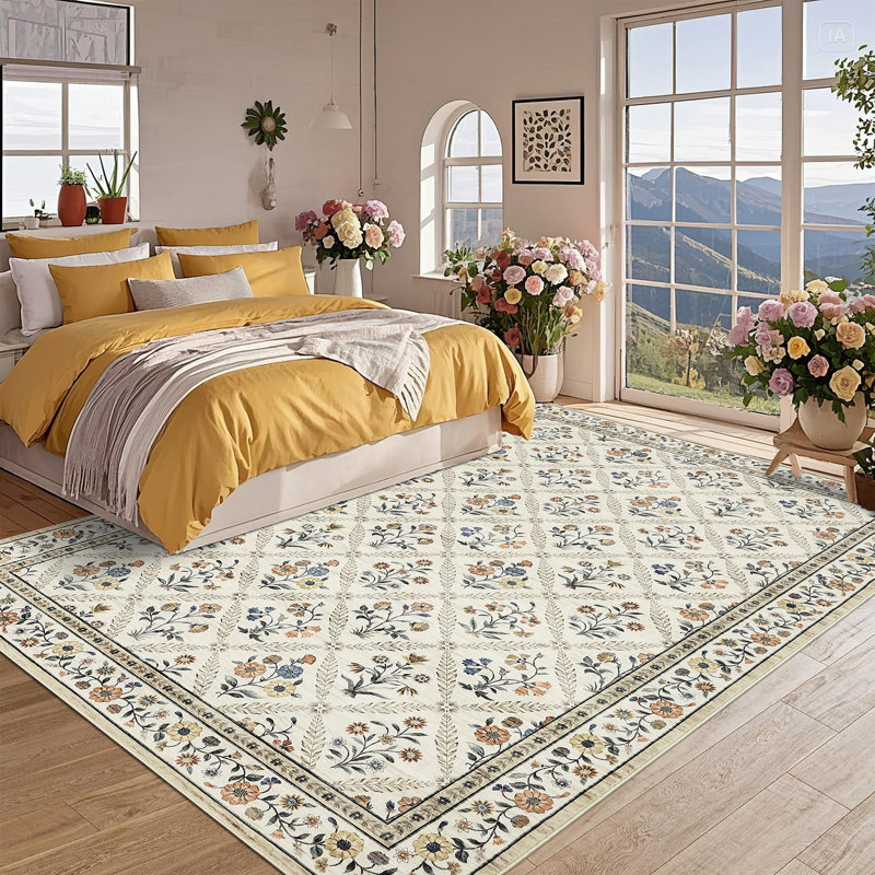 Machine Washable Bordered Rug Non Slip Rug Floral Foldable Rugs for Living Room Bedroom Playroom Nursery Dorm, Beige