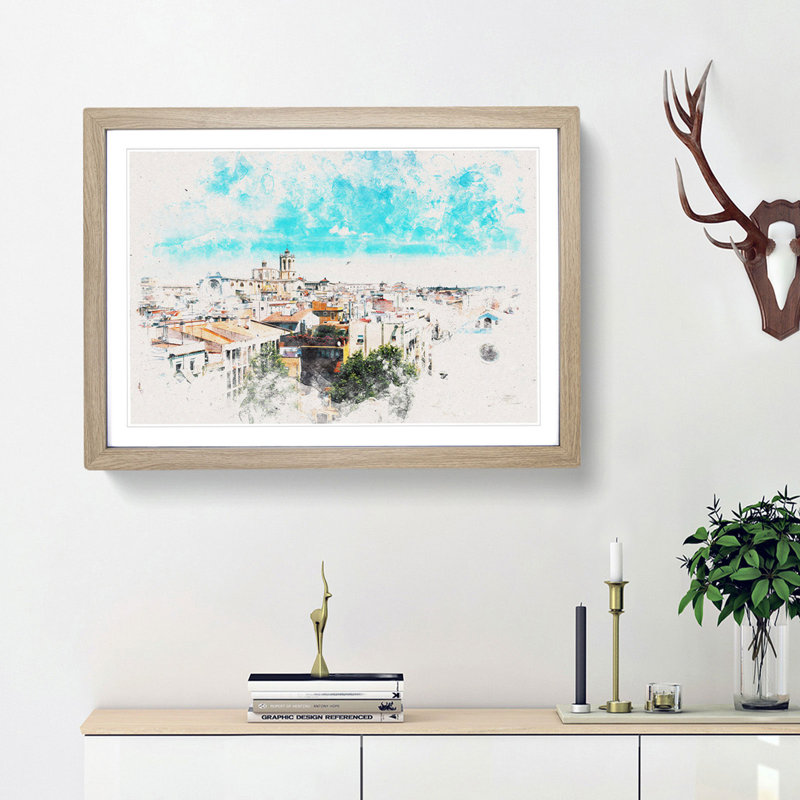 View Of Tarragona In Spain Watercolour - Framed Print, 45cm H x 63cm W x 2cm D, Oak