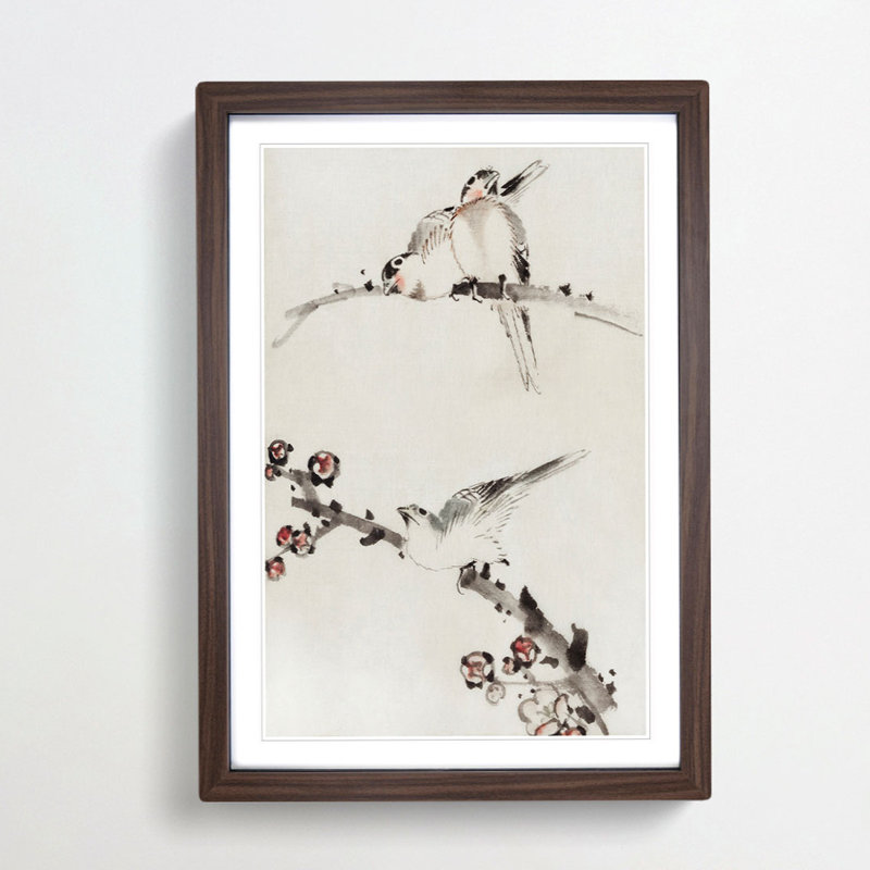 Three Birds Perched on Blossom Branches by Katsushika Hokusai - Framed Print, Walnut, 76cm H x 50cm W x 2cm D
