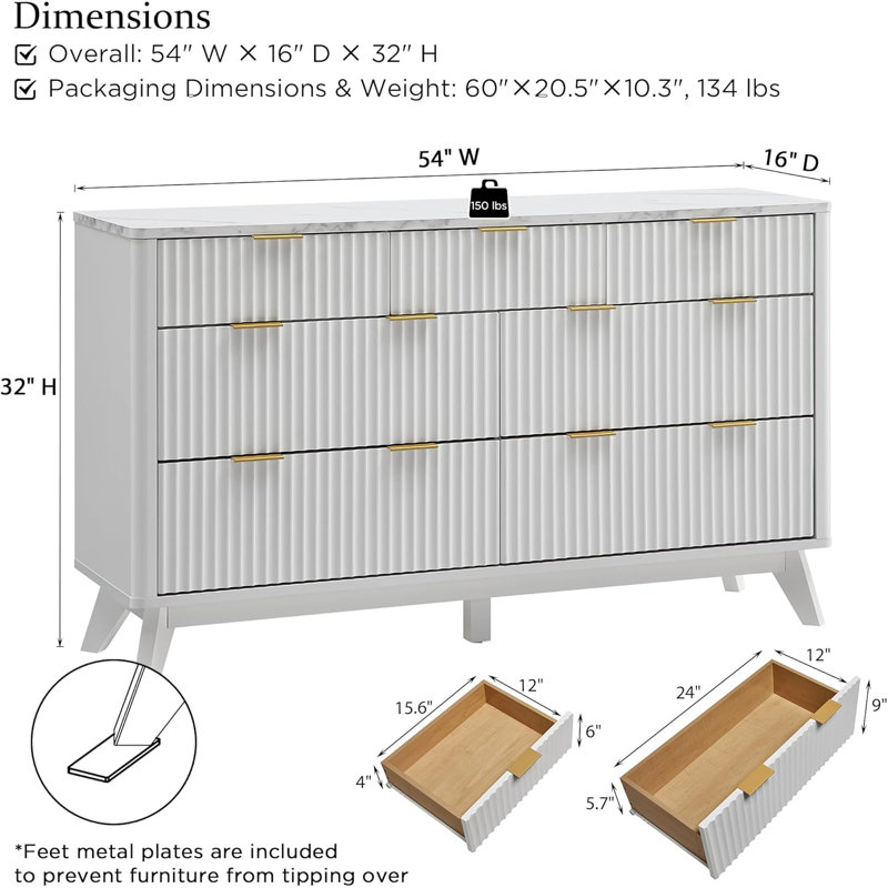 Commode à 7 tiroirs avec design cannelé, Blanc
