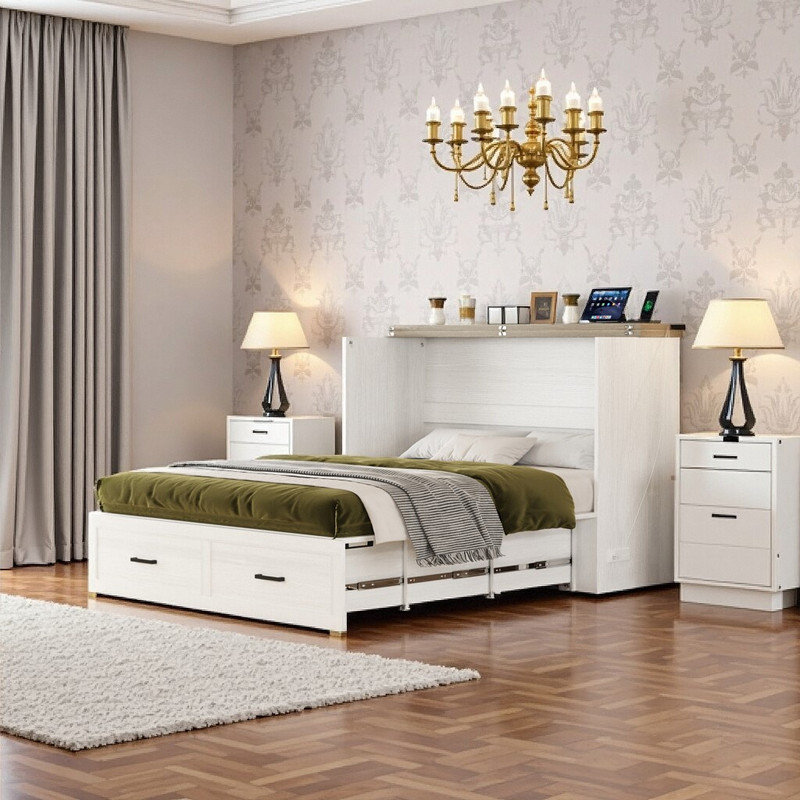 Queen Size Farmhouse Murphy Cabinet Bed With Foldable Platform Storage Drawer & Charging Station, White