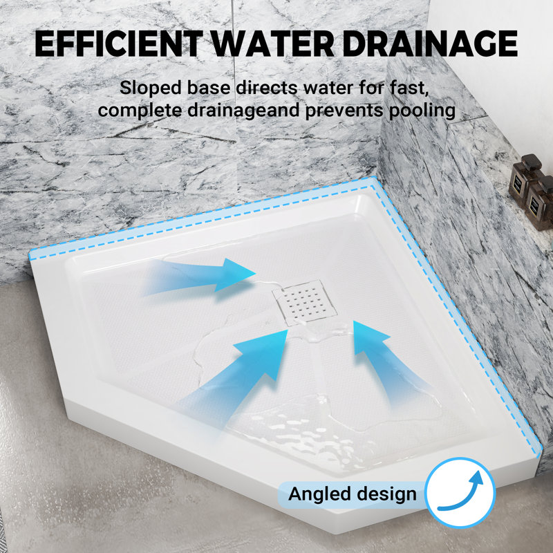 Receveur de douche d'angle en surface solide blanche avec couvercle de bonde, 10 cm H x 91 cm L x 91 cm P