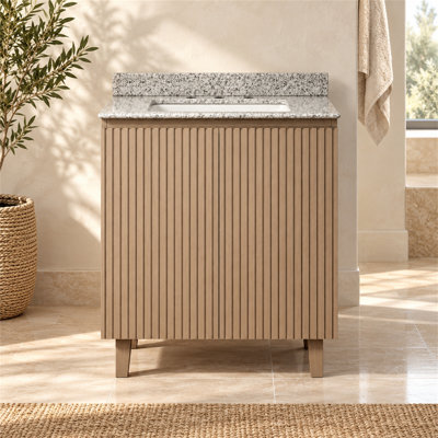 Meuble-lavabo autoportant de 30 po avec comptoir en granit gris, lavabo en céramique, dosseret et armoire en chêne