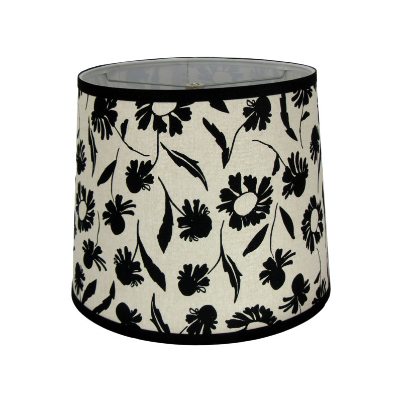 Abat-jour tambour en coton noir floral (à visser) en noir / blanc cassé, H 9 po x l 10 po x P 10 po