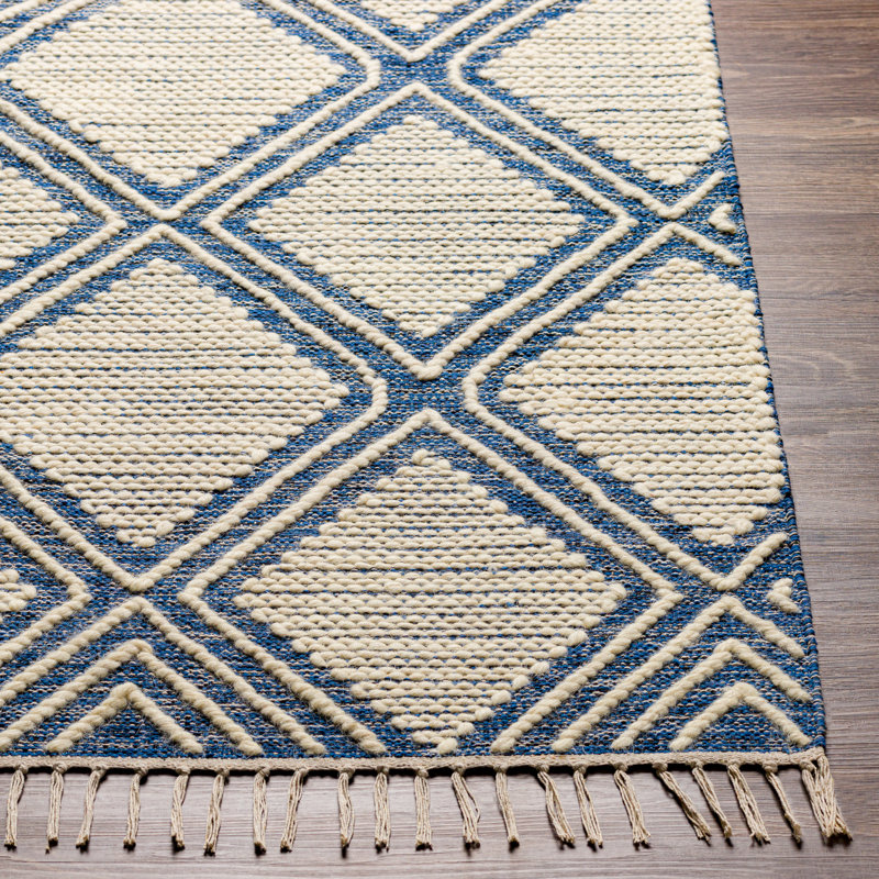 Keida Ikat Handmade Flatweave Cotton/Wool Navy/Beige Area Rug, Rectangle 2' x 3'