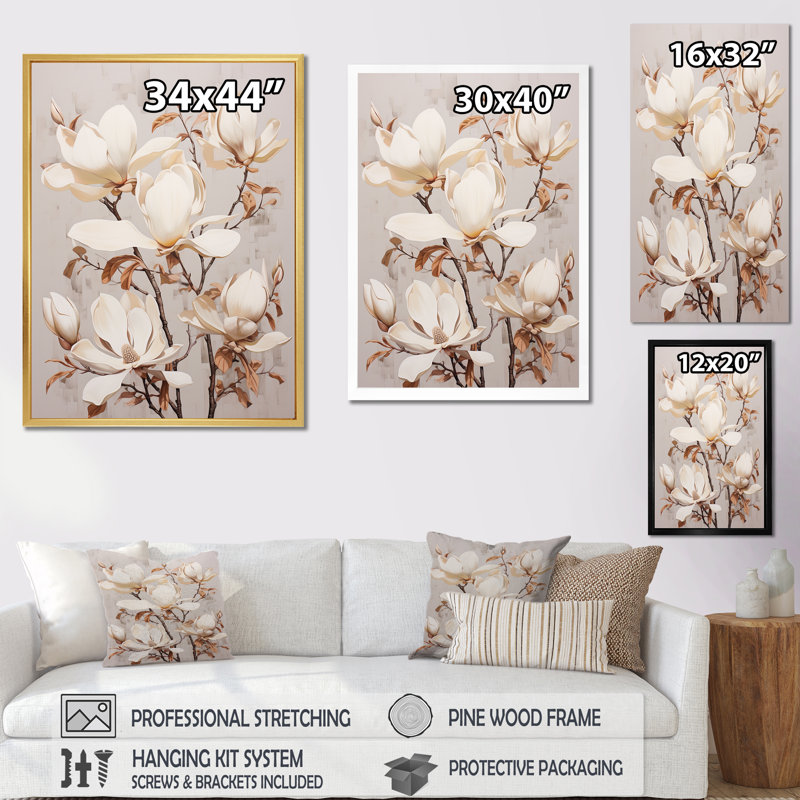 «Magnolias Dreamy Beige» sur toile, Cadre flottant noir, H 44 po x l 34 po x P 1,5 po