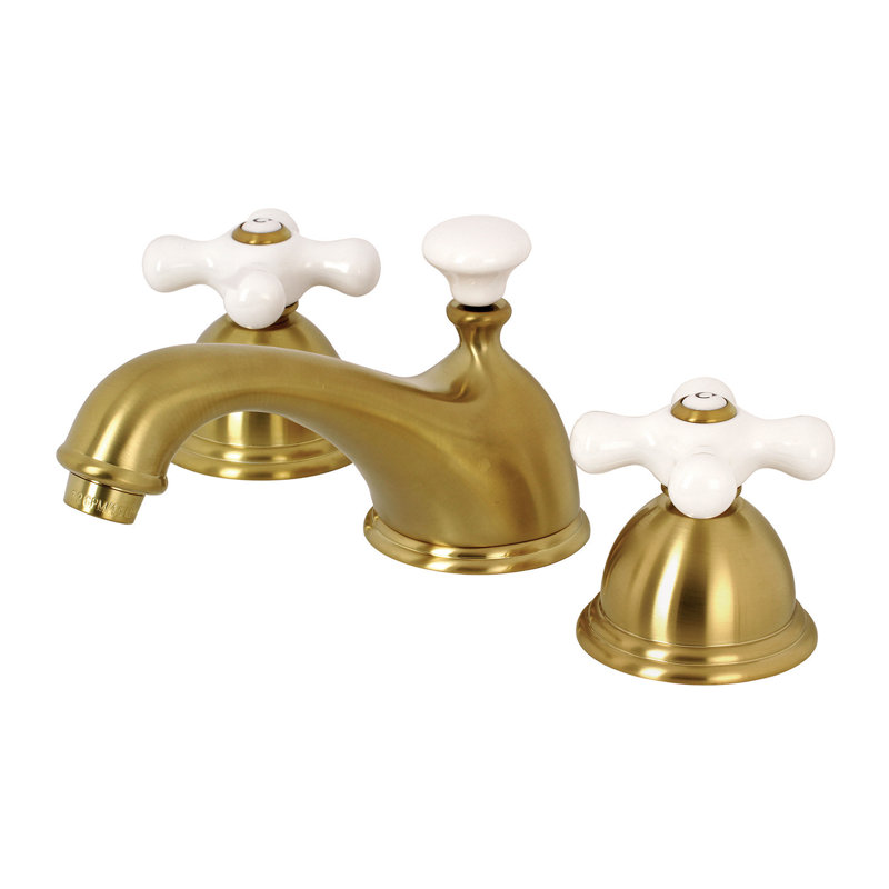 Kingston Brass Restoration Two-Handle 3-Hole Deck Mount Widespread Bathroom Faucet with Brass Pop-Up Drain, Satin Brass