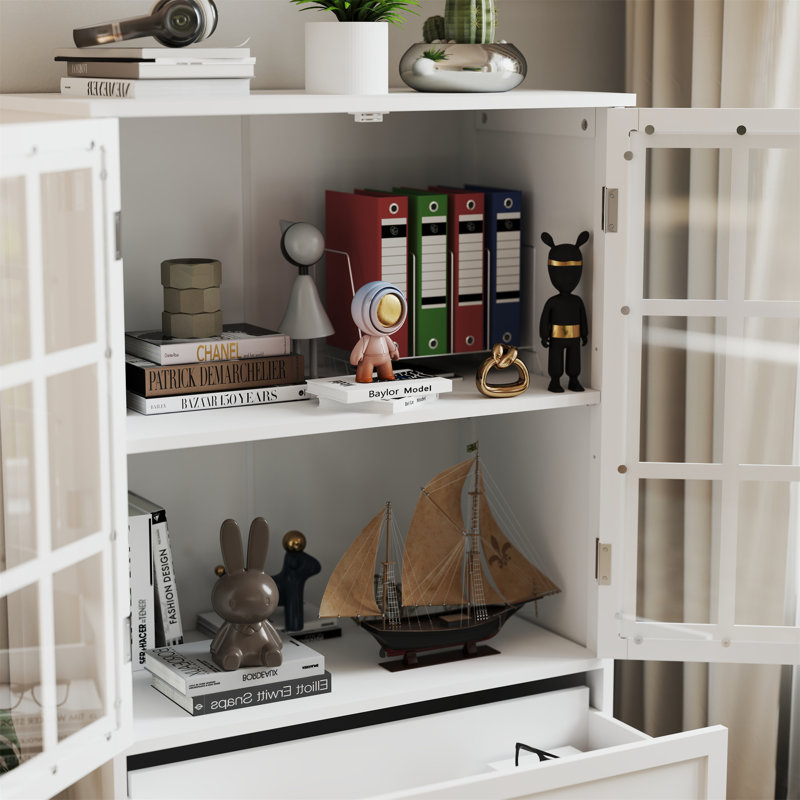 Vaisselier minimaliste avec portes en verre et tiroir double, Blanc