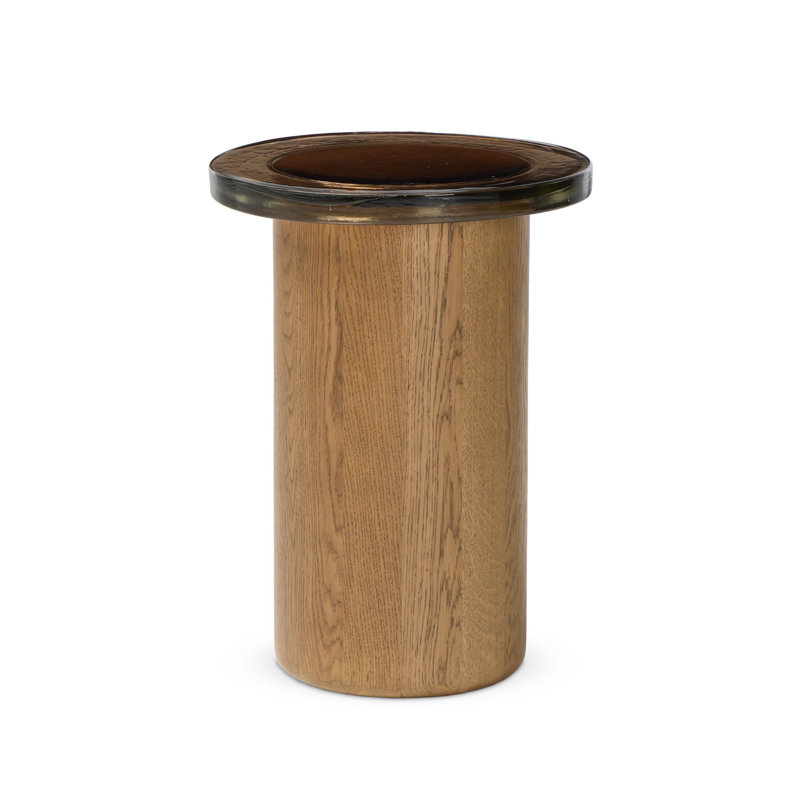 Shira Small End Table-Light Brown Oak, Smoked Brown Cast Glass