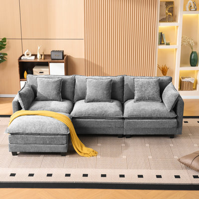Rangement et banc gris à 3 places, en forme de L, en chenille, idéal pour créer une esthétique esthétique dans la chambre à coucher, revêtu de chenille, pour une vie confortable