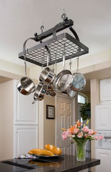 Handcrafted 30" Classic Rectangle Ceiling Rack with 24 Hooks, Hammered Steel