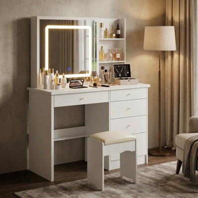 39.4" W Makeup Vanity Set with 3-Mode Lighted Mirror, 5 Drawers, & Cushioned Stool