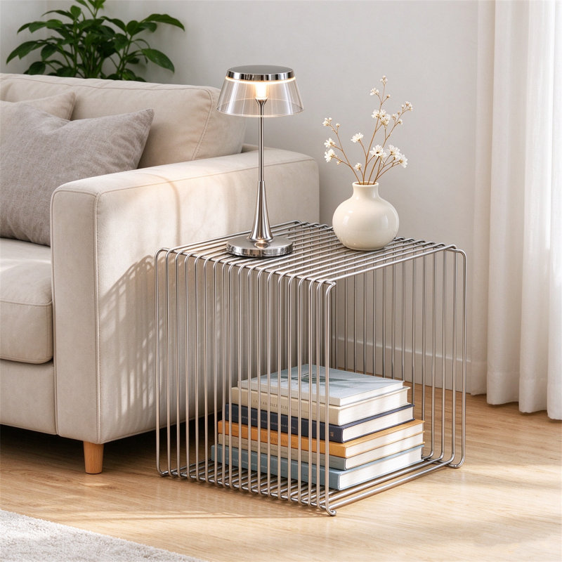 Modern End Table，Square Wrought Iron Sofa Side Table, Silver.