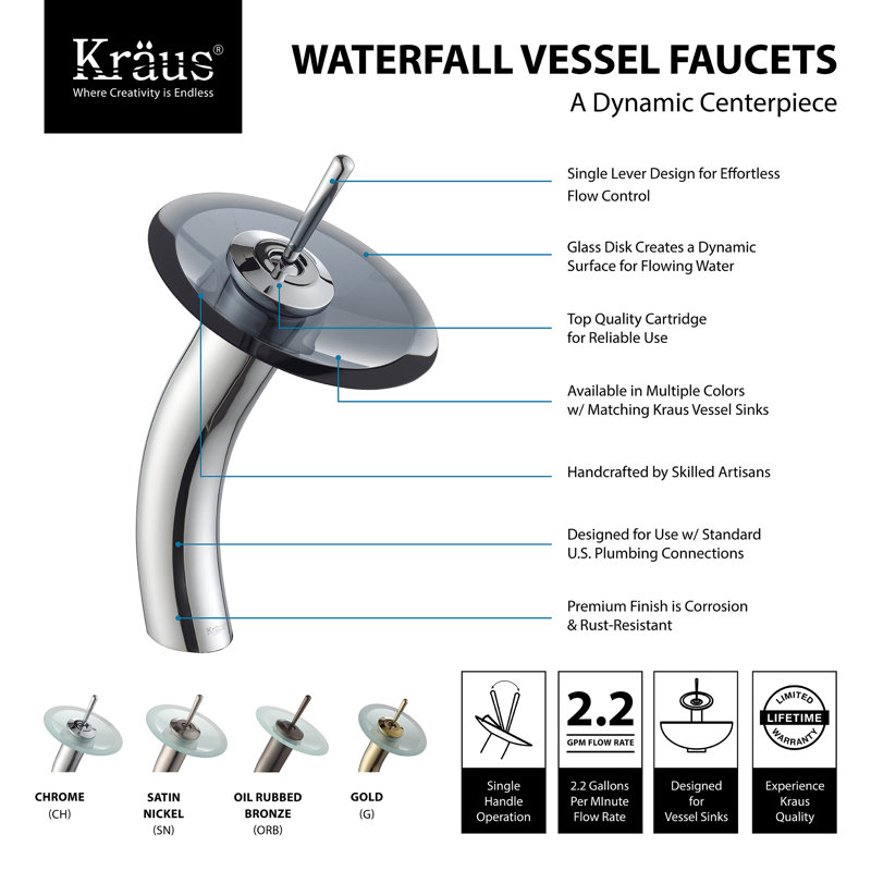 Vessel Mixer Single Hole Bathroom Faucet, Oil Rubbed Bronze, With Pop Up Drain, Clear