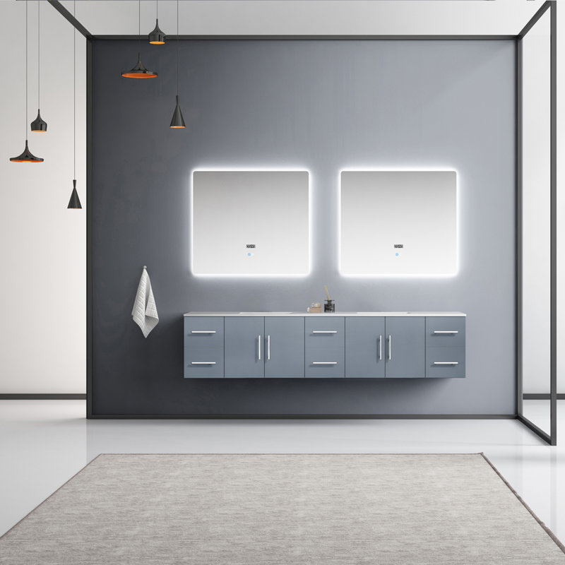 Geneva 84" Wall-Mounted Double Bathroom Vanity Set with Mirror, White Cultured Marble, Dark Gray