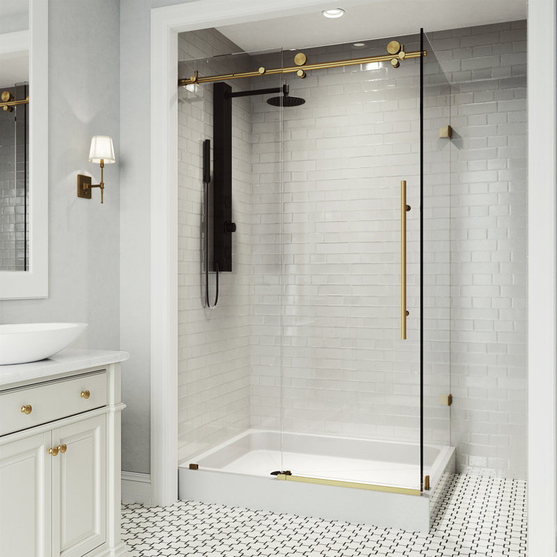 Cabine de douche coulissante sans cadre avec verre transparent de 3/8 po et base Elan classe E 48 po x P 36 po x H 82 po
