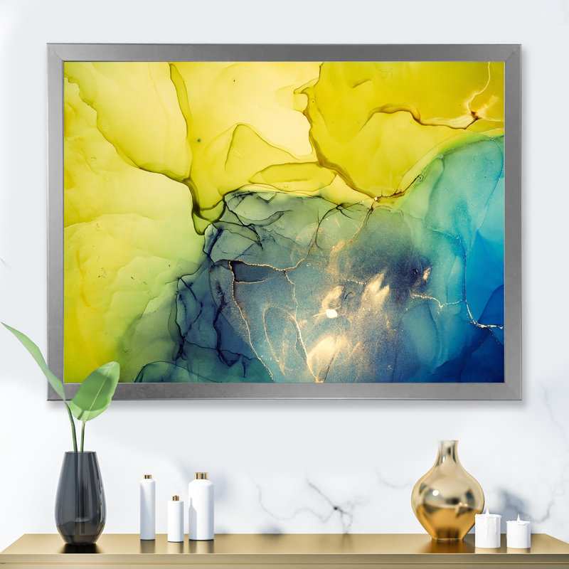 Jaune et bleu, vagues de marbre II - peinture sur toile, Cadre photo argenté, H 24 po x l 32 po x P 1 po