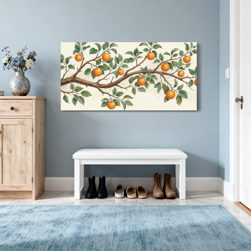 Plantes et fleurs - Branche d'arbre orange avec fruits et feuilles, H 24 po x l 48 po