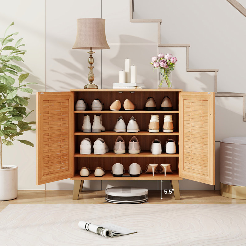 Armoire à chaussures 2 portes avec portes tissées ventilées et 3 tablettes amovibles pour le vestibule