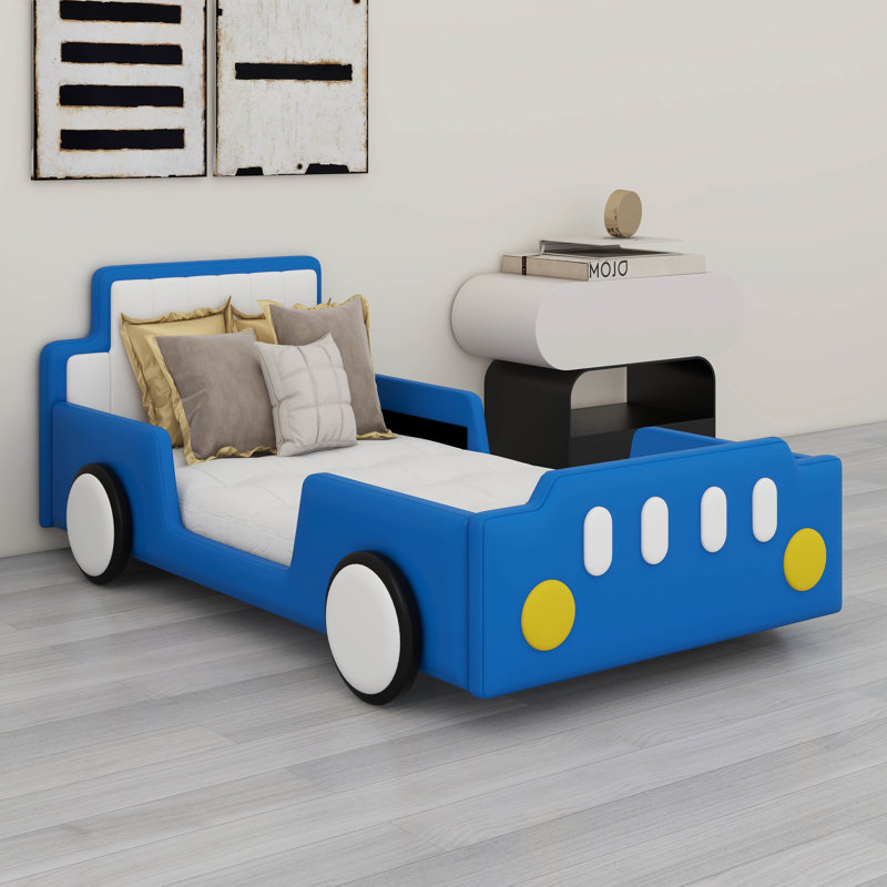 Twin Size Race Car Shaped Platform Bed With Rolling Wheels For Kids, Blue