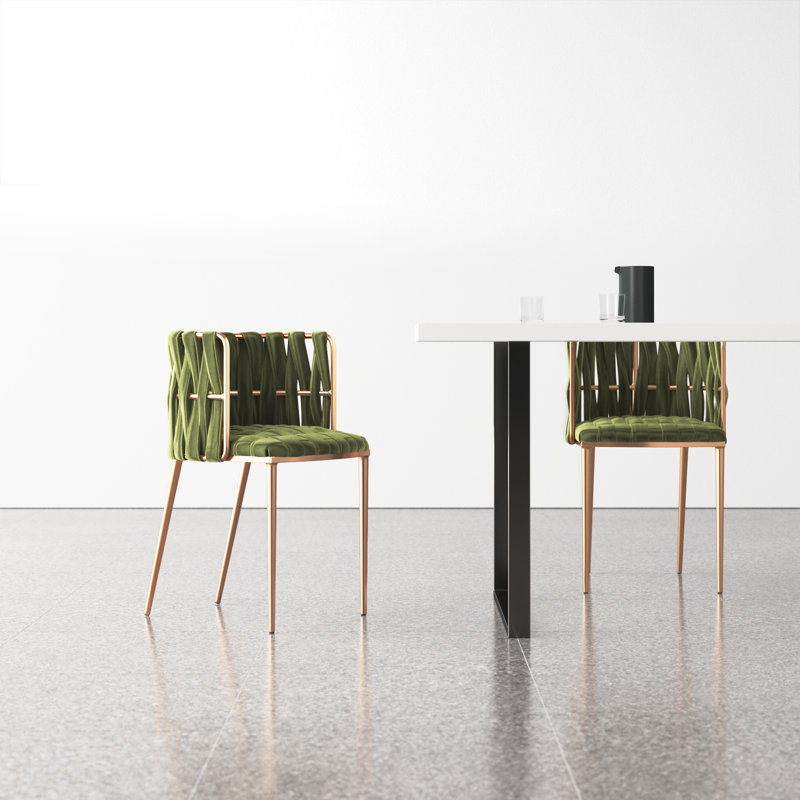 Tyrone Woven Strap Dining Arm Chair Set with Weave Design and Sleek Metal Frame, Green Velvet, Gold