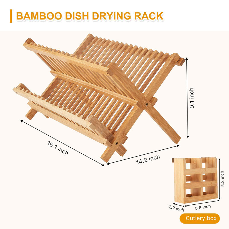 Foldable Bamboo 2-Tier Dish Drying Rack with Utensil Holder