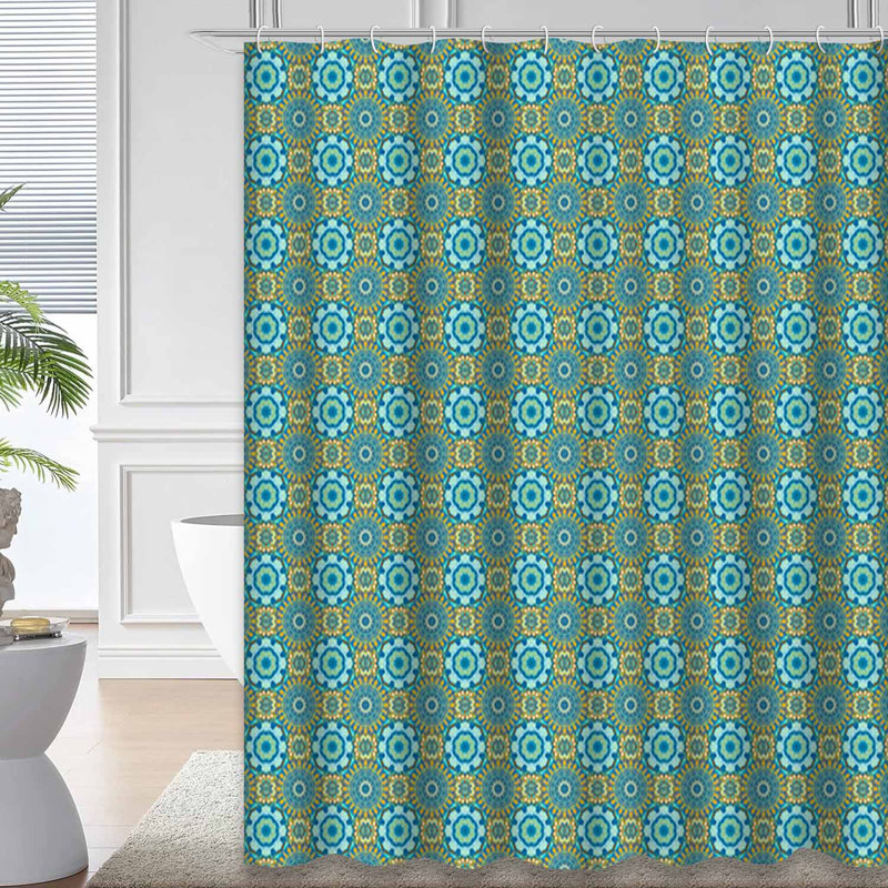 Rideau de douche géométrique à carreaux bleus et verts avec 12 crochets, L 72 po x l 78 po