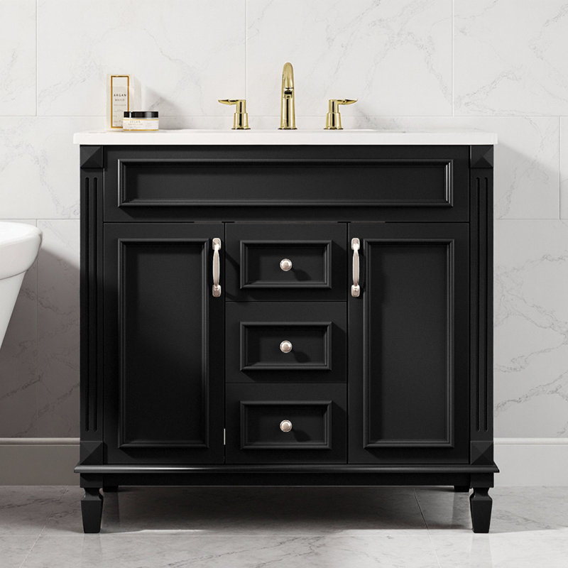 Meuble-lavabo moderne noir 36 "avec lavabo en céramique, portes à fermeture douce et 2 tiroirs, Noir