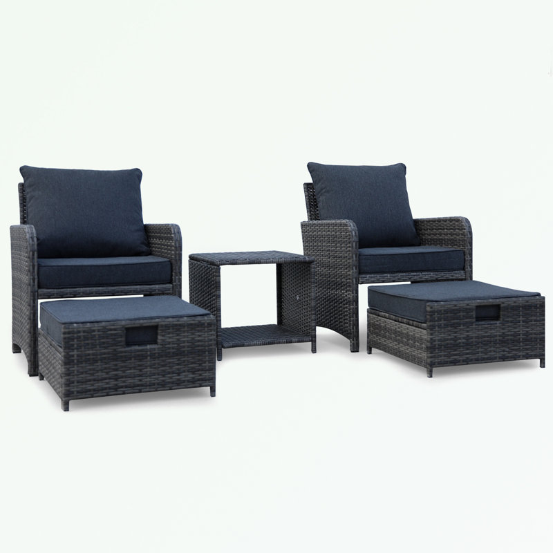5 Pieces Wicker Patio sofa Set with Ottomans and coffee table, Dark Blue