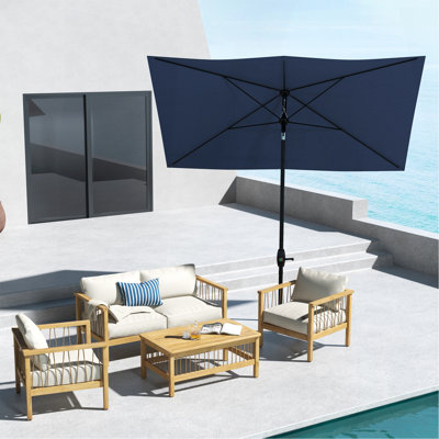 Parasol de table d'extérieur rectangulaire 6,5 pi x 10 pi avec manivelle et bouton poussoir inclinable, bleu
