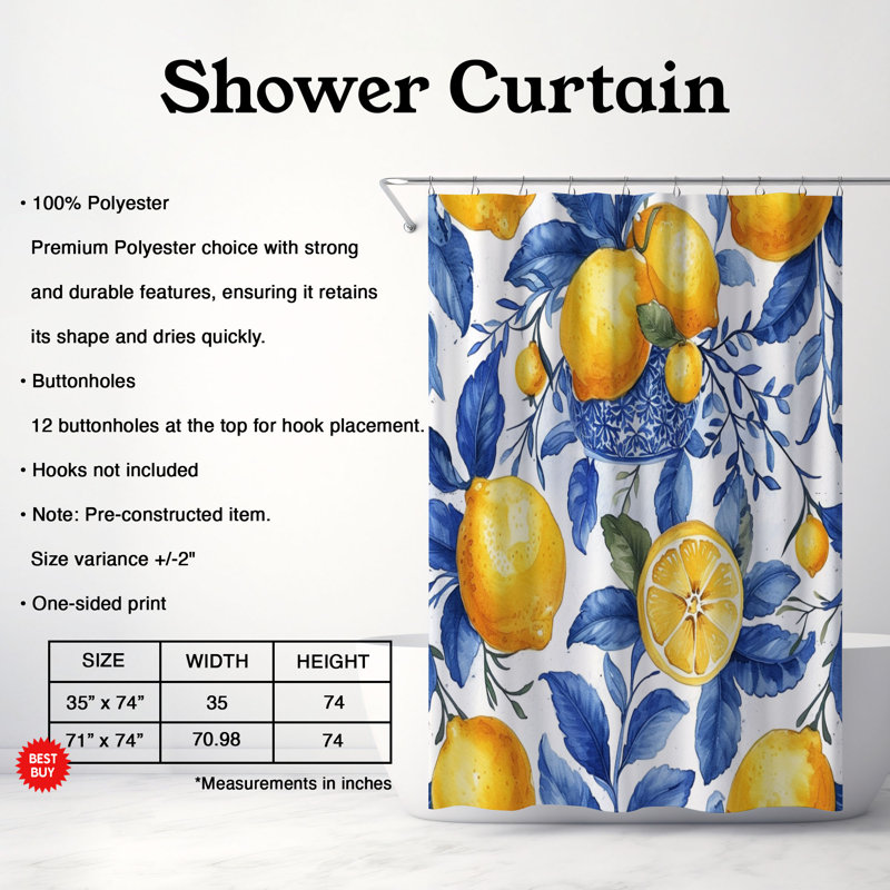 Rideau de douche standard 1 pièce Lemon Tile, H 74 po x l 71 po