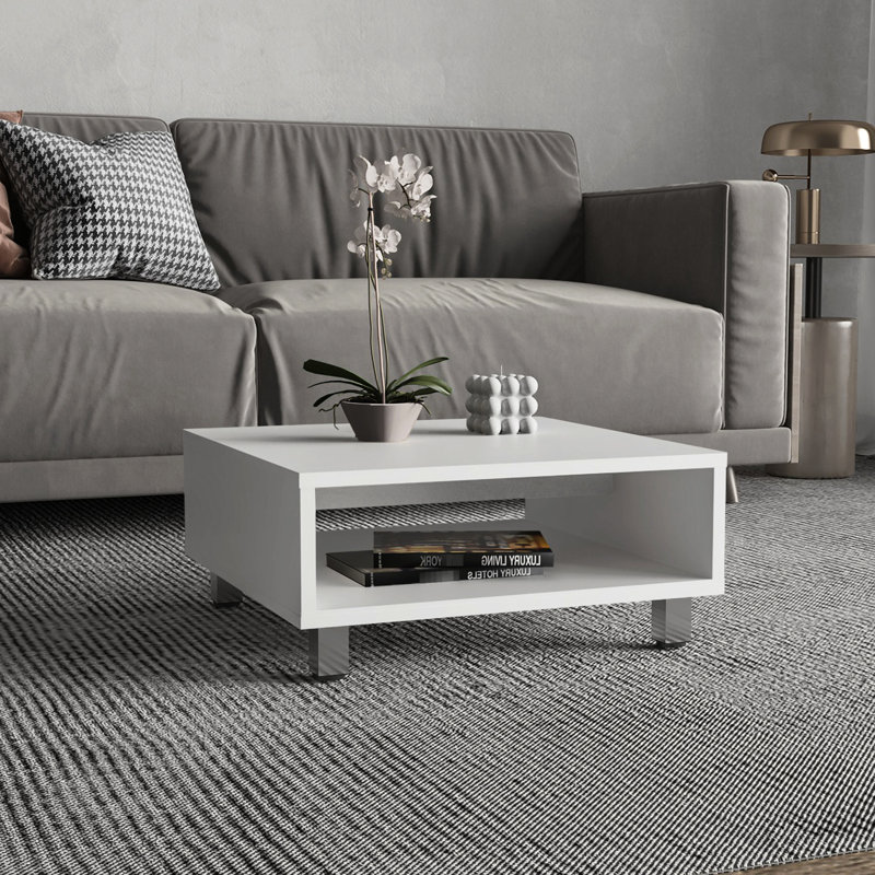 Table basse moderne carrée avec tablette ouverte, H 10,43 po, rangement minimaliste à finition blanche, H, Blanc