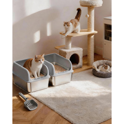 Stainless Steel Cat Litter Box, Metal Litter Box with Scoop, High- Sided, Anti-Leakage Top Entry, Non-Sticky, Easy to Clean, Grey, M (1 Pack)