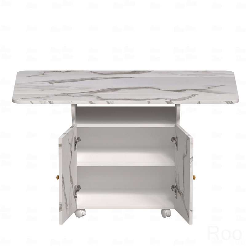 Table pour îlot de cuisine, table de salle à manger pliante en bois de 47 po avec support de rangement et armoire, table d'entrée amovible à 6 roulettes, couleur marbre blanc, table d'appoint et table basse polyvalente