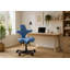Blue ergonomic office chair with a saddle-shaped seat and black wheeled base in a modern home office.
