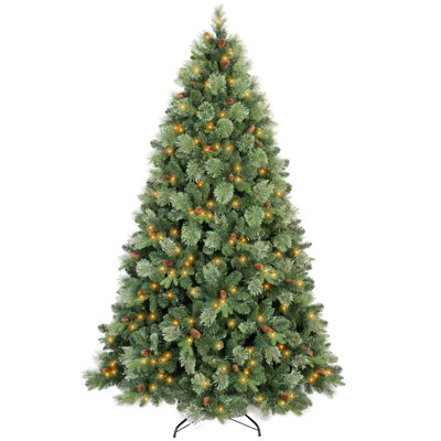 Arbre de Noël artificiel vert 7,5 pi avec 550 lumières DEL blanc chaud, 1645 extrémités de branches, pommes de pin, diamètre de 56 po, base en fer