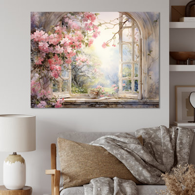 Pink Blossoming Country Window Gaze I - Floral Window Wall Art