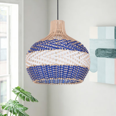 Luminaire suspendu en rotin tissé à la main bleu et blanc, plafonnier suspendu en osier de style bord de mer Boho