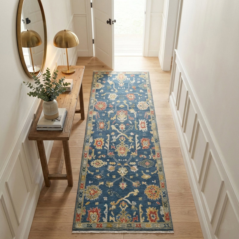 Bristol Hand Knotted Wool Area Rug in Blue; Rust; Grey; Yellow; Ivory, Runner 2'8" x 8'